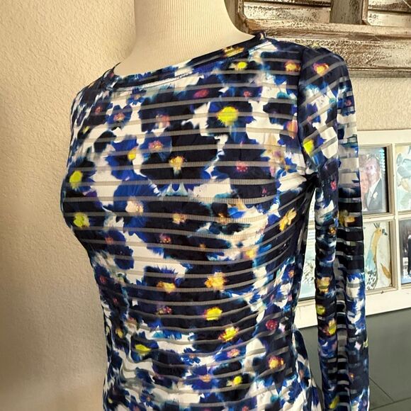 Fuzzi Jean Paul Gaultier Womens Floral Mesh Striped Long Sleeve Top Blue Large - Picture 6 of 11